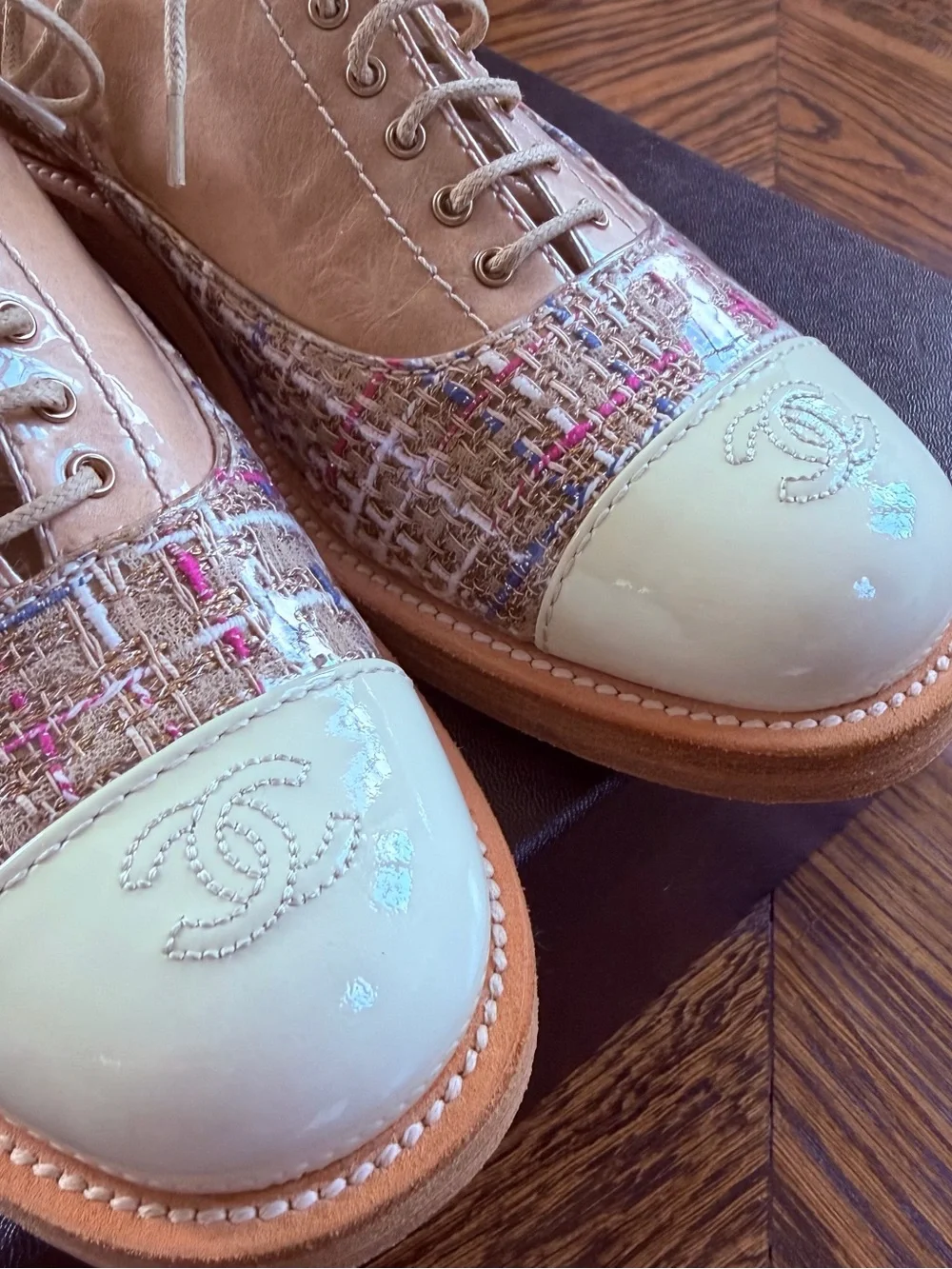 CHANEL Beige Patent Toe & Tweed Lace-Up Oxfords